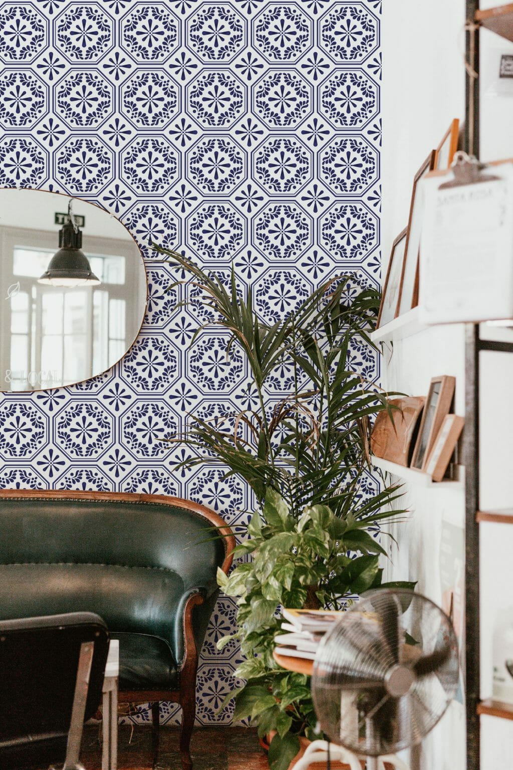 Blue and white tile pattern peel and stick wallpaper | Fancy Walls