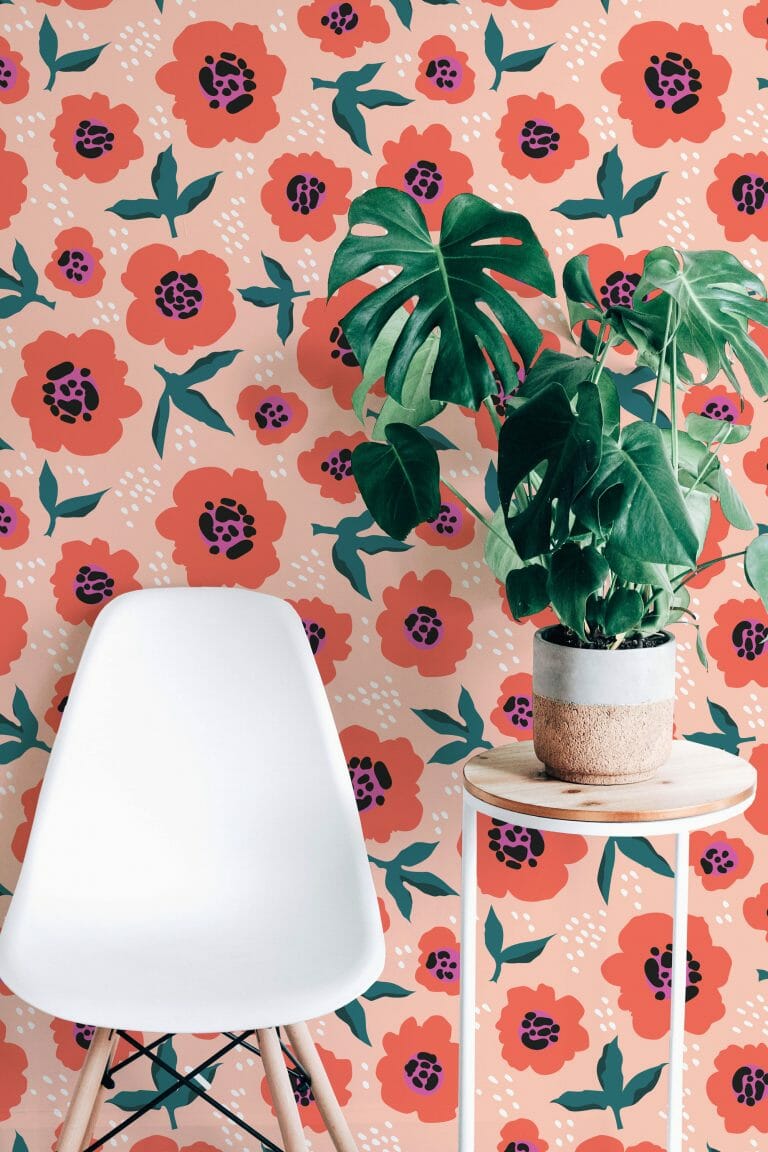 Orange and pink floral pattern peel and stick wallpaper | Fancy Walls