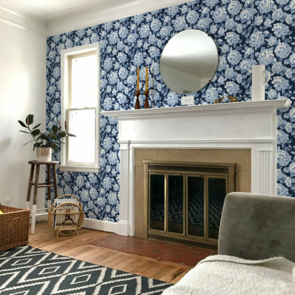 Blue hydrangea peel and stick removable wallpaper