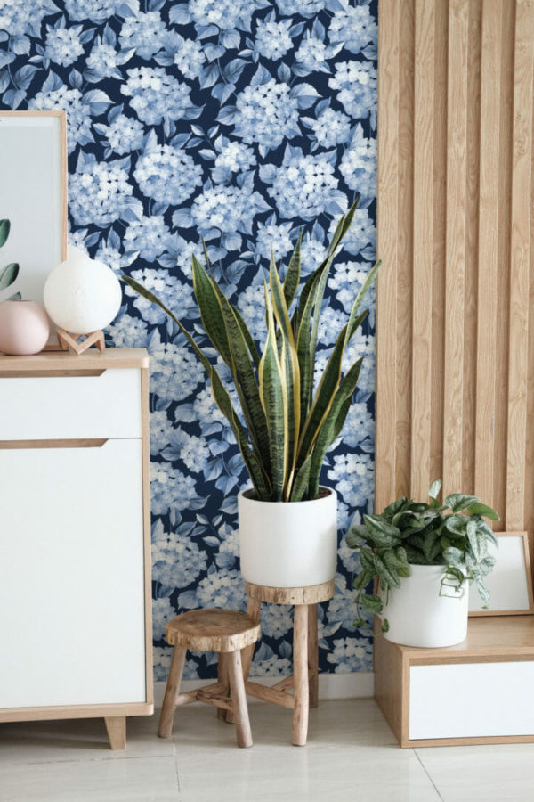 Blue hydrangea peel stick wallpaper