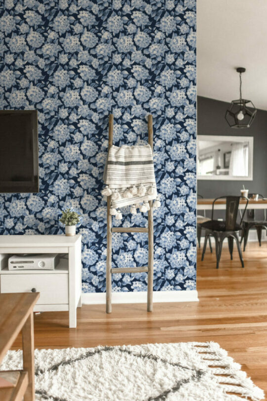 Blue hydrangea peel and stick wallpaper