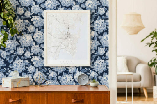Blue hydrangea stick on wallpaper