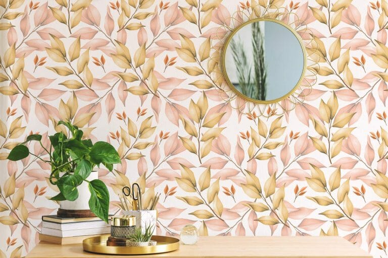 Beige and white leaf pattern peel and stick wallpaper | Fancy Walls