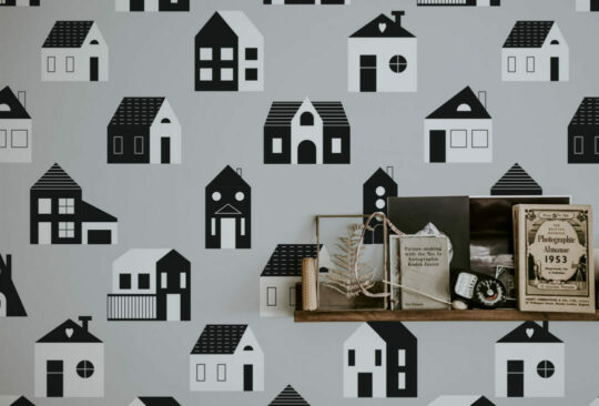 Gray, black and white house self adhesive wallpaper