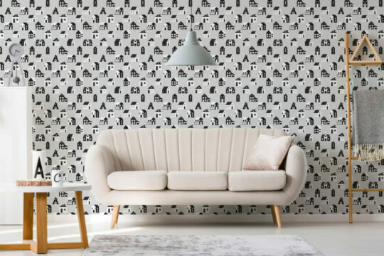 Gray, black and white house stick on wallpaper