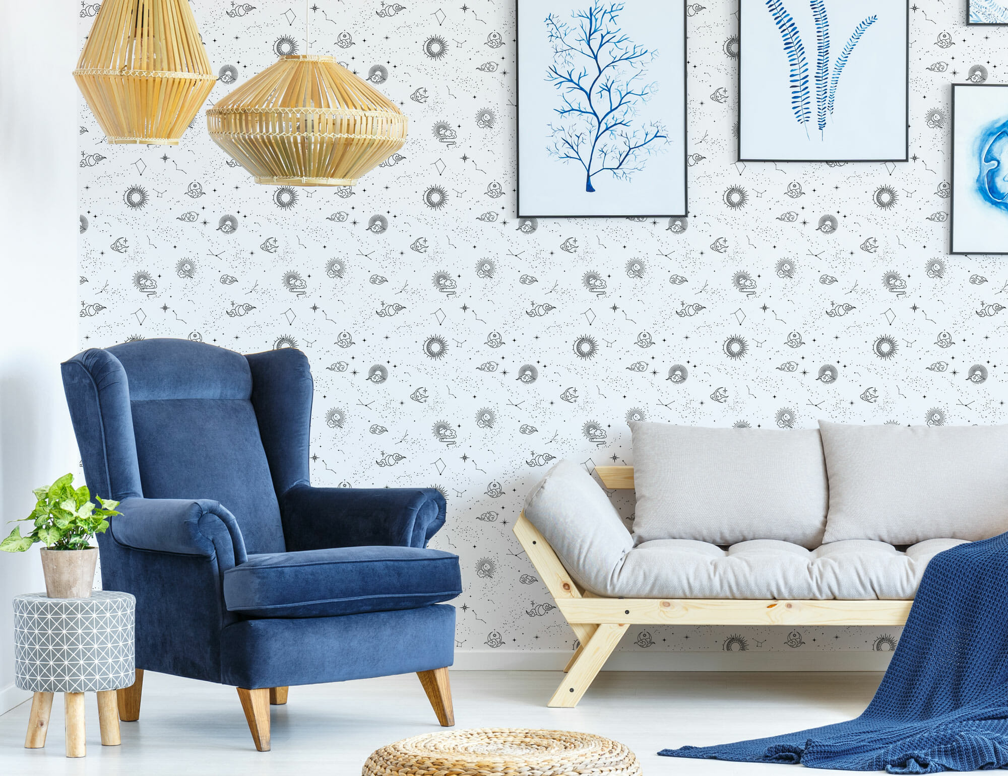 Black and white celestial pattern peel and stick wallpaper | Fancy Walls