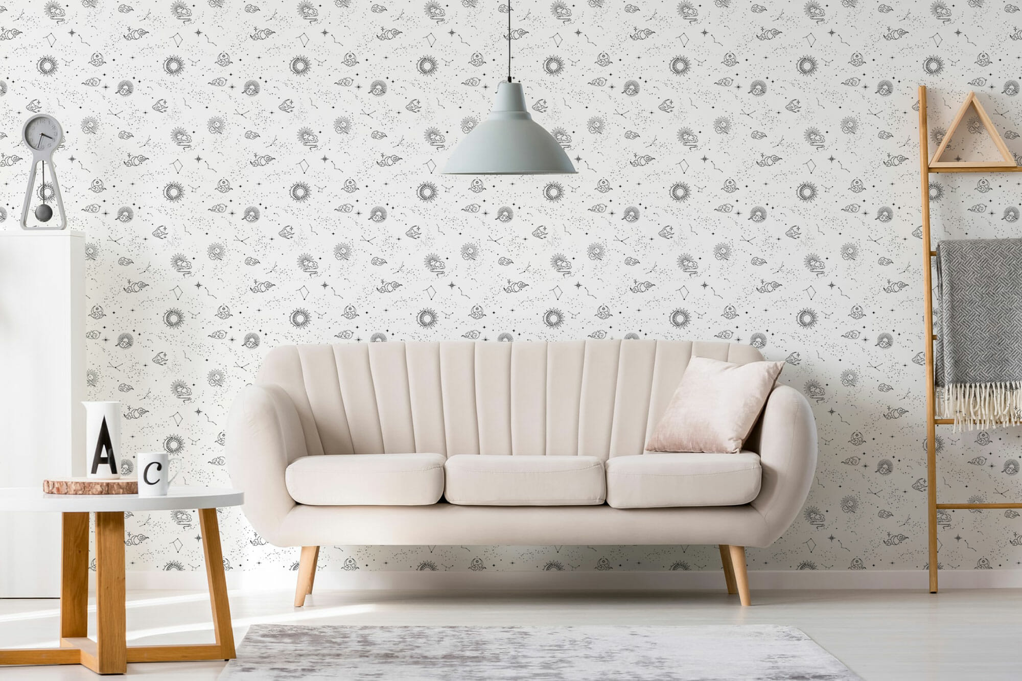 Black and white celestial pattern peel and stick wallpaper | Fancy Walls