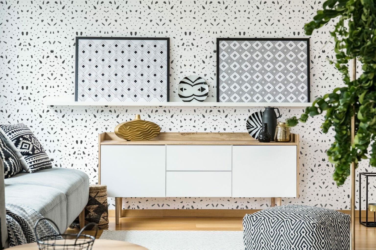 Black and white geometric pattern peel and stick wallpaper - Fancy Walls