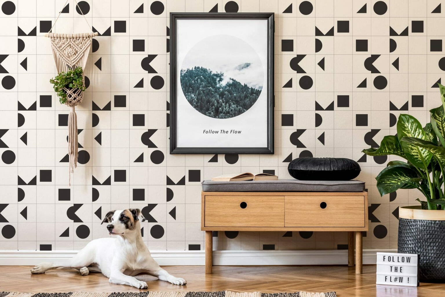 Black and white geometric pattern peel and stick wallpaper | Fancy Walls