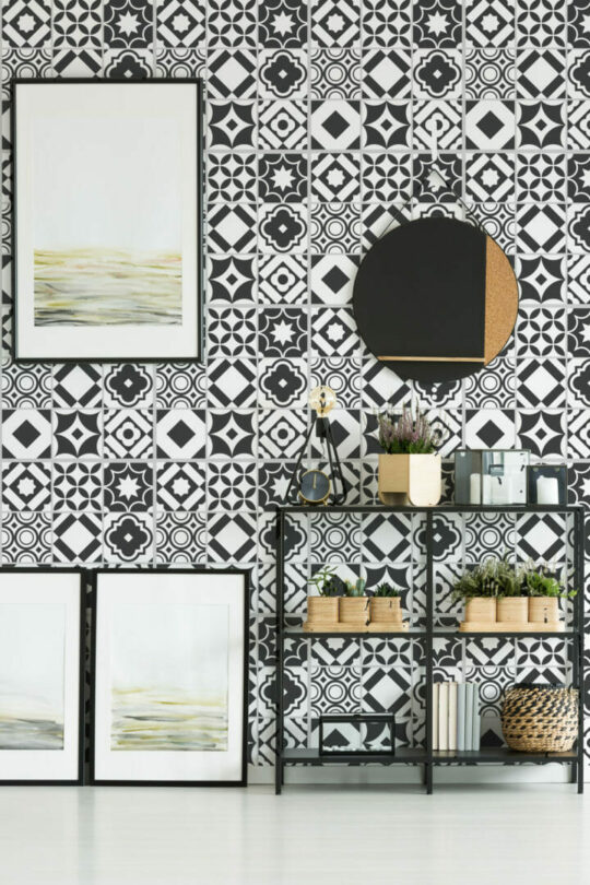 Black and white tile peel and stick removable wallpaper