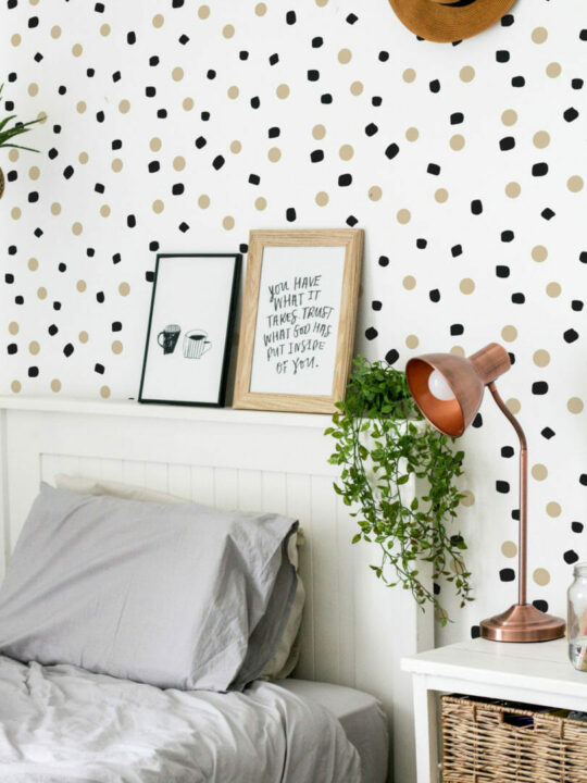 Beige, black and white dots peel and stick wallpaper
