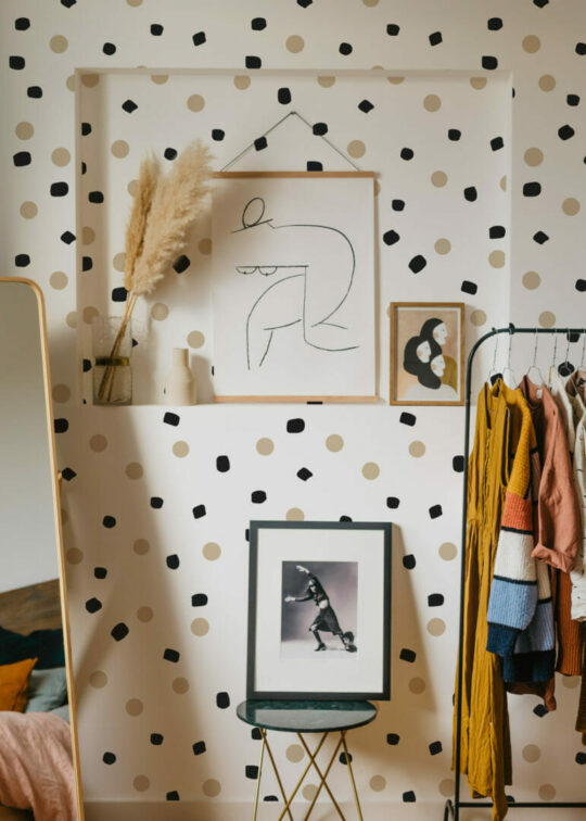 Beige, black and white dots peel stick wallpaper