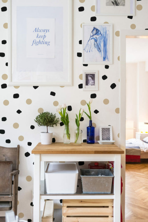 Beige, black and white dots peel and stick removable wallpaper