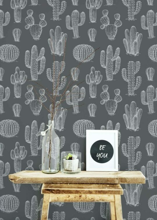 Gray and white cactus stick on wallpaper