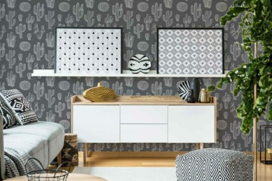 Gray and white cactus self adhesive wallpaper