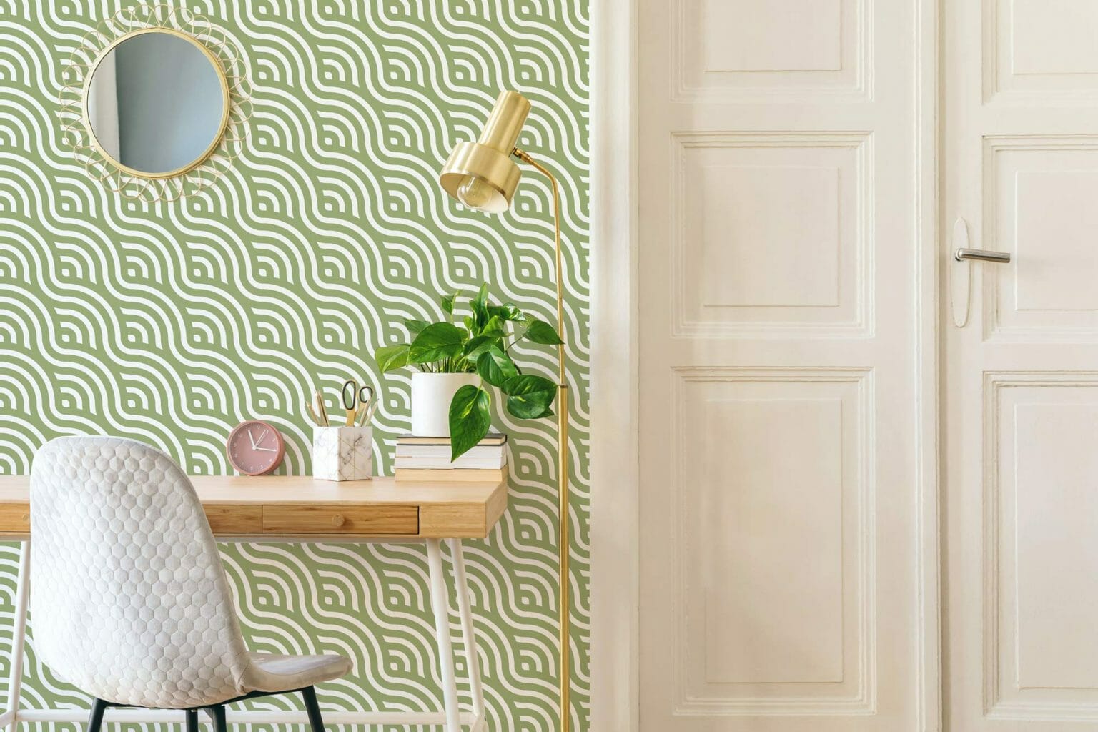 Green and white wave pattern peel and stick wallpaper | Fancy Walls