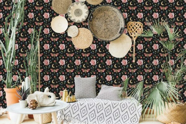 Pink and black floral butterfly pattern peel and stick wallpaper