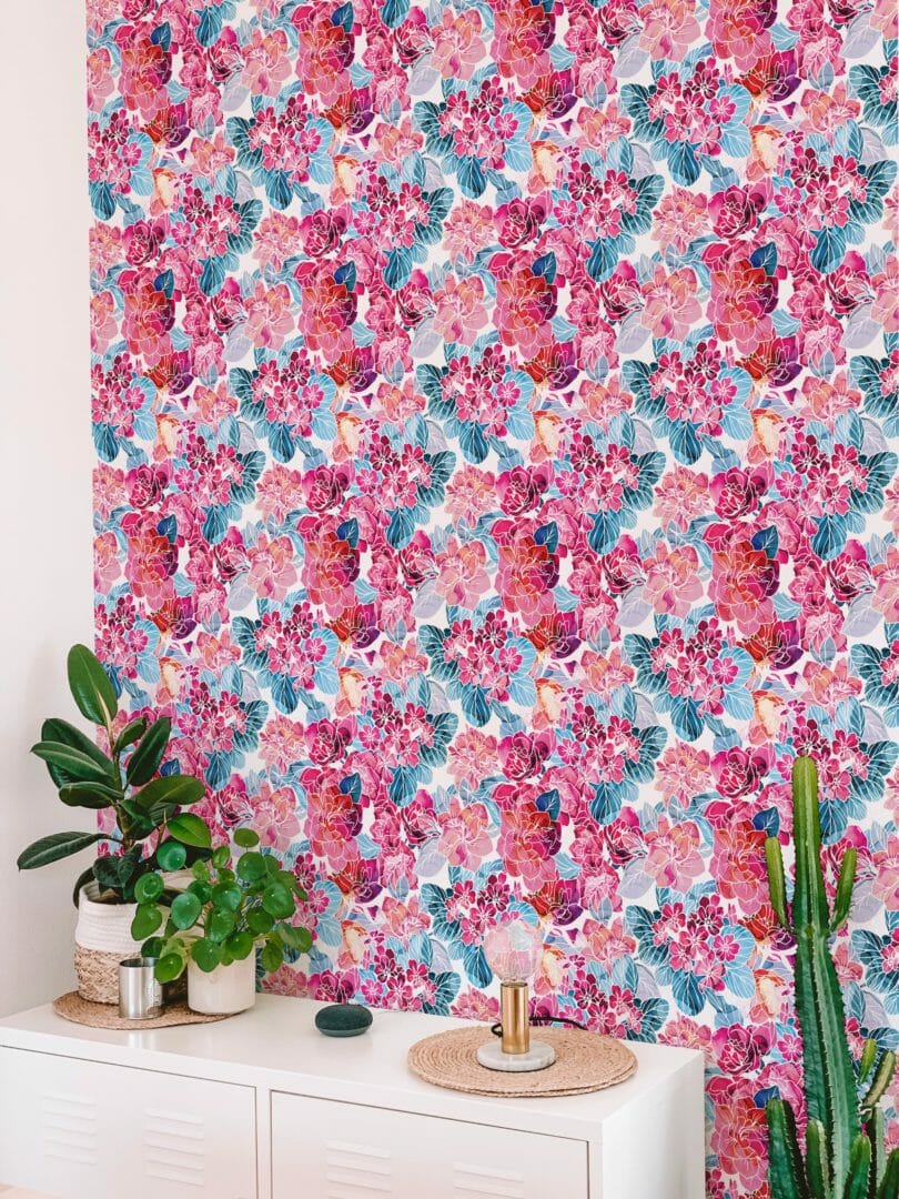 Pink and blue floral stick on wallpaper