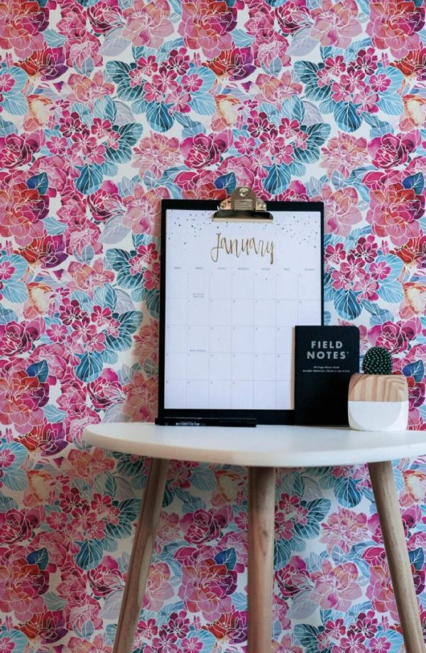 Pink and blue floral wallpaper for walls