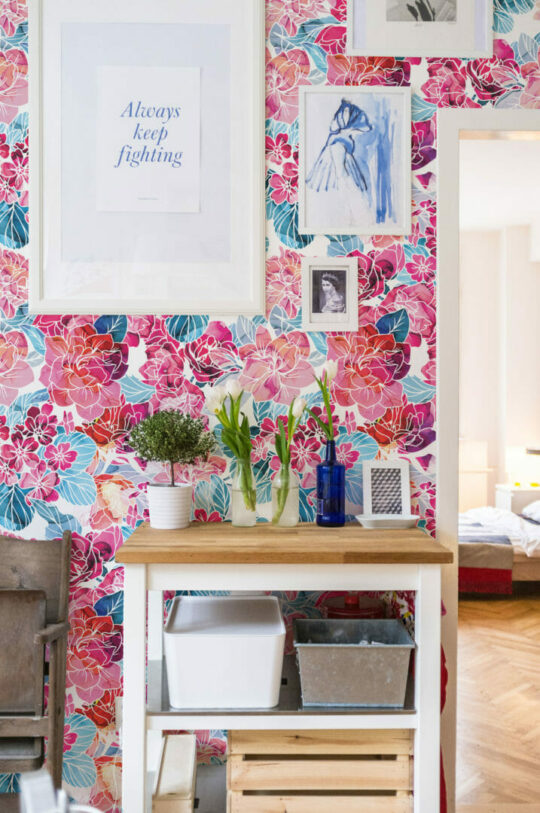 Pink and blue floral peel stick wallpaper
