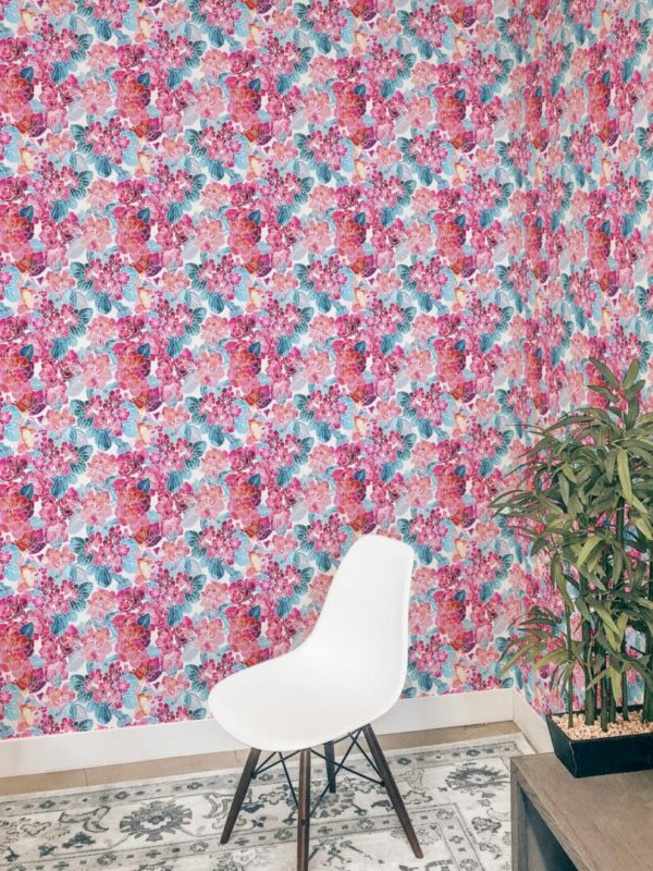 Pink and blue floral peel and stick removable wallpaper