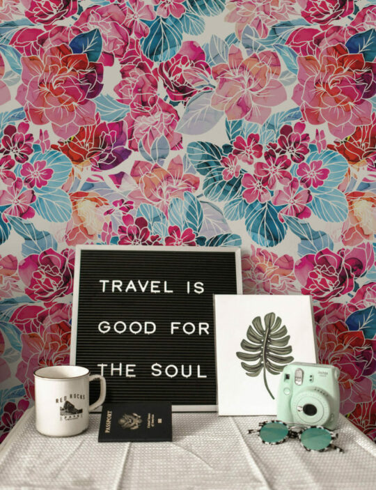 Pink and blue floral temporary wallpaper