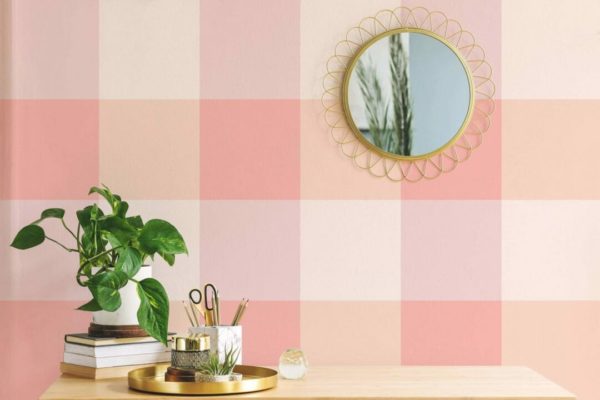 Pink gingham stick on wallpaper