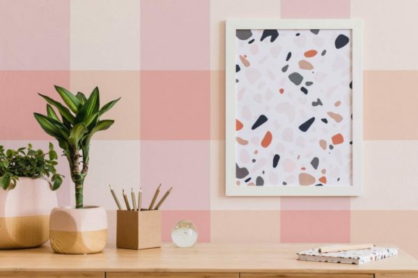 Pink gingham peel and stick wallpaper
