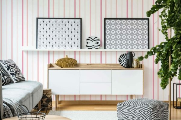Pink and white striped wallpaper for walls