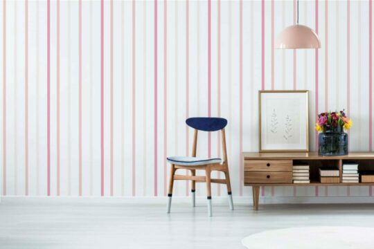 Pink and white striped stick on wallpaper