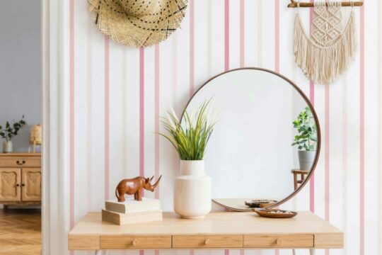 Pink and white striped peel and stick wallpaper