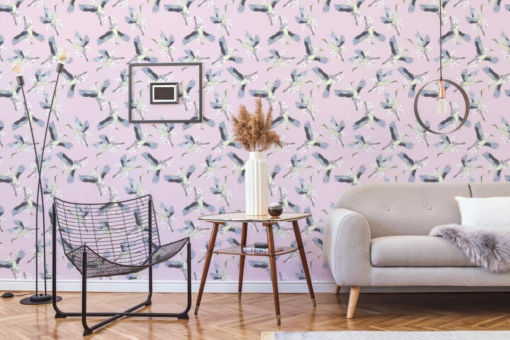 Pink crane pattern peel and stick wallpaper | Fancy Walls