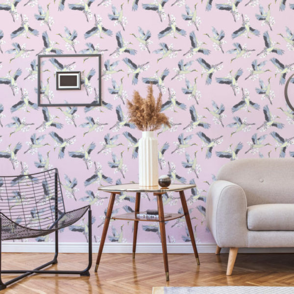 white and pink crane traditional wallpaper