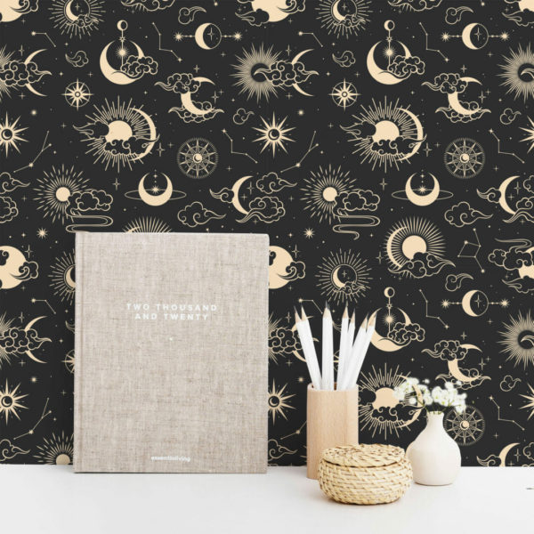Black and yellow celestial stick on wallpaper