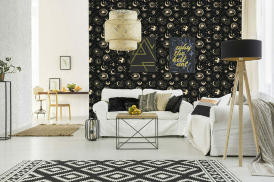 Black and yellow celestial peel and stick wallpaper