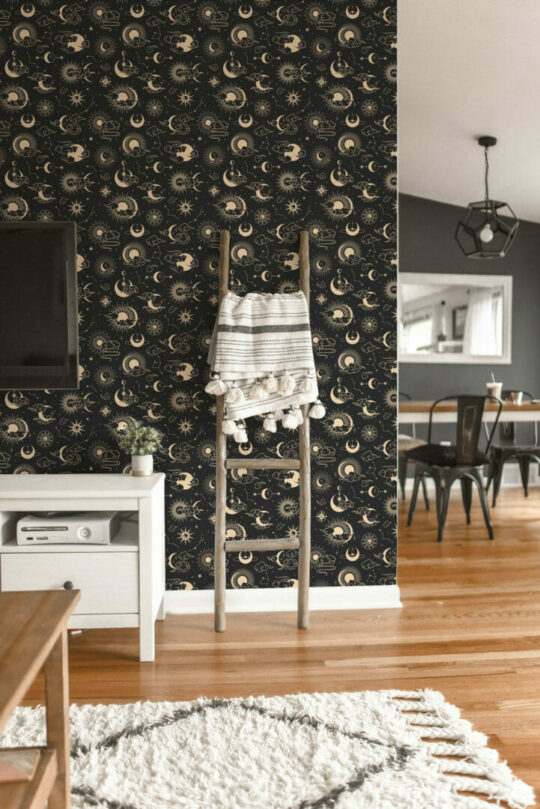Black and yellow celestial peel stick wallpaper