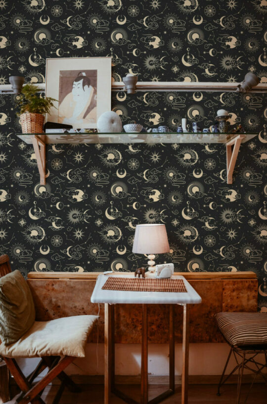 Black and yellow celestial peel and stick removable wallpaper