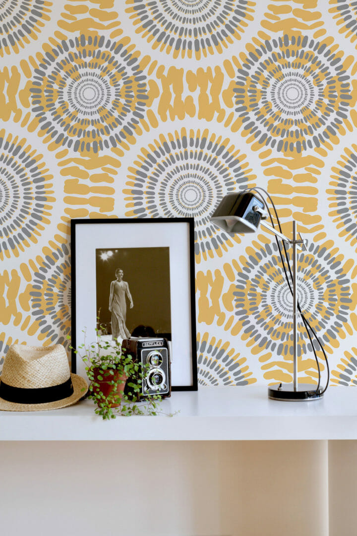 Yellow and gray circle pattern peel and stick wallpaper | Fancy Walls