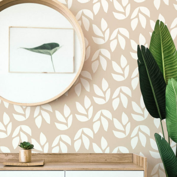 traditional wallpaper beige and white leaf