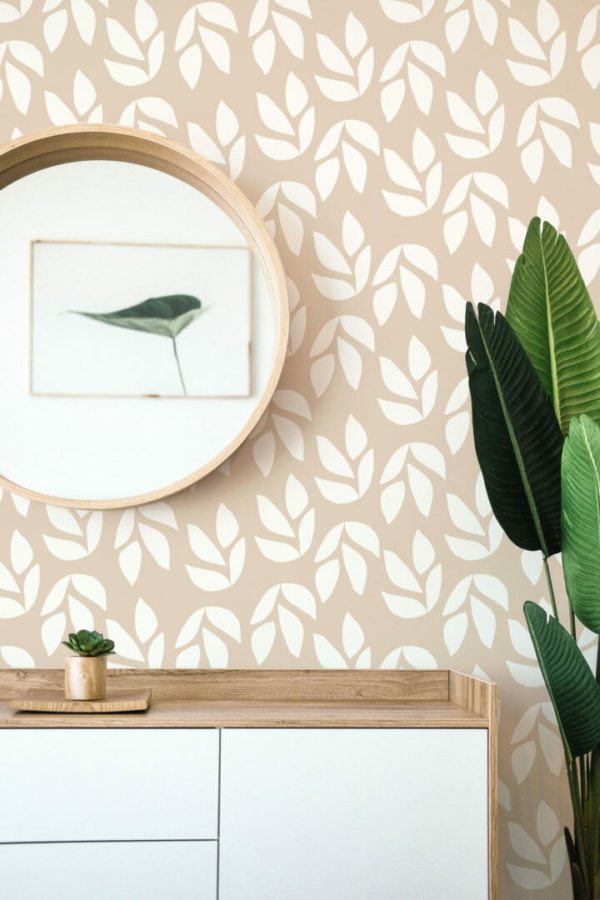 Beige and white leaf peel and stick wallpaper