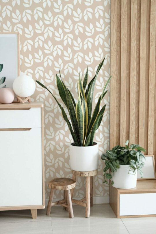 Beige and white leaf peel and stick removable wallpaper
