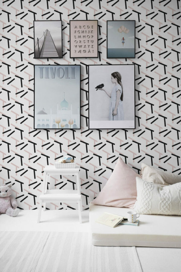 Pink, black and white abstract geometric peel stick wallpaper