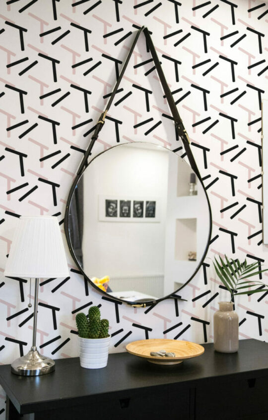 Pink, black and white abstract geometric peel and stick removable wallpaper