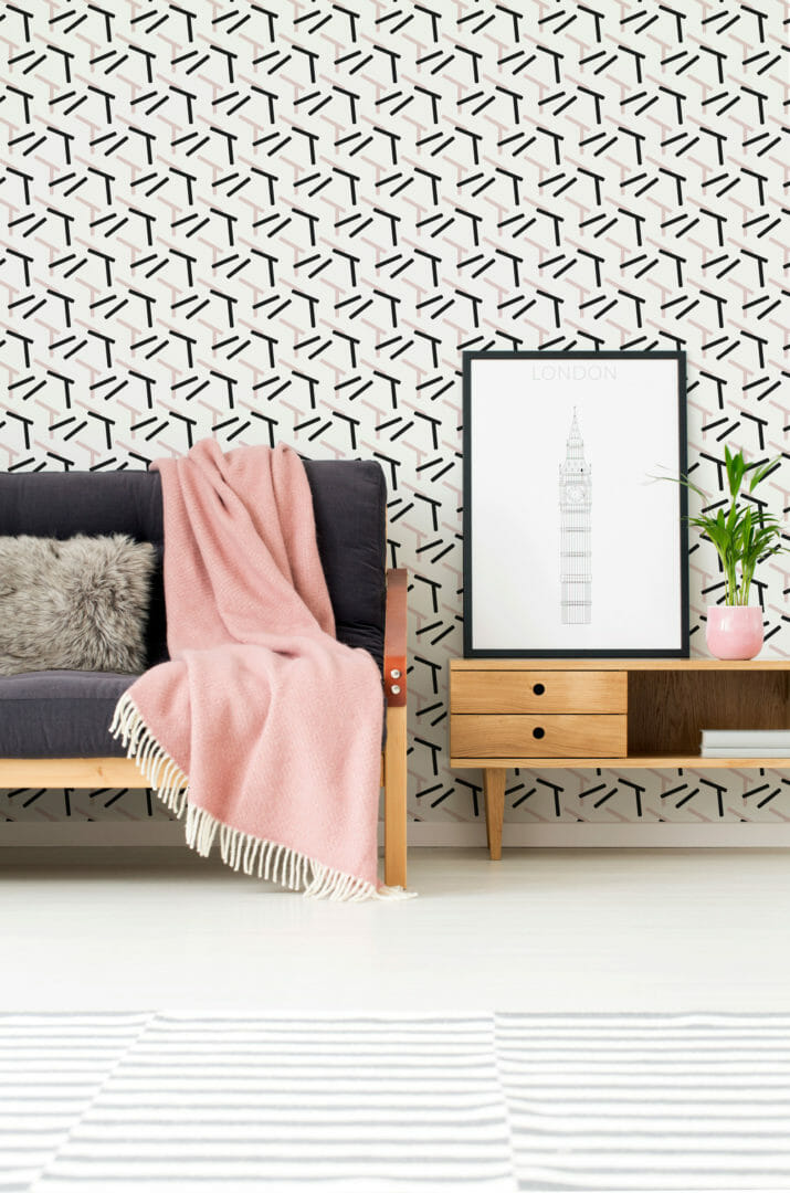 Pink, black and white abstract geometric stick on wallpaper