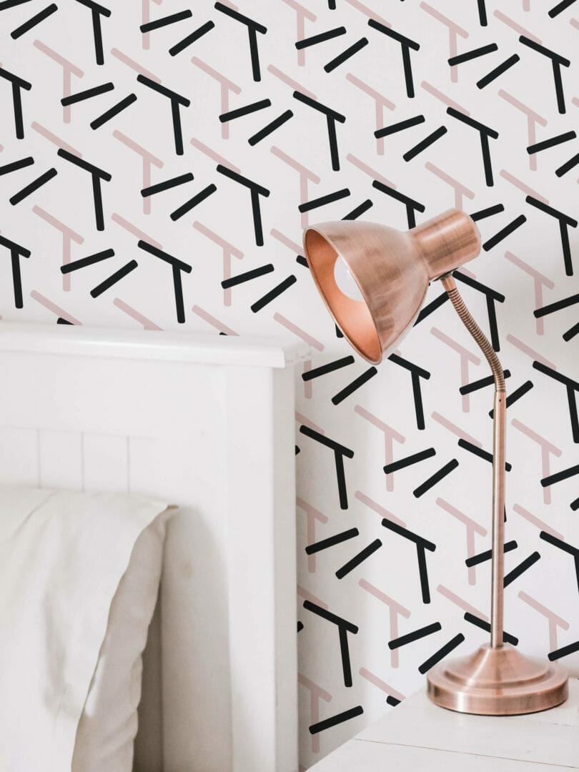 Pink, black and white abstract geometric peel and stick wallpaper