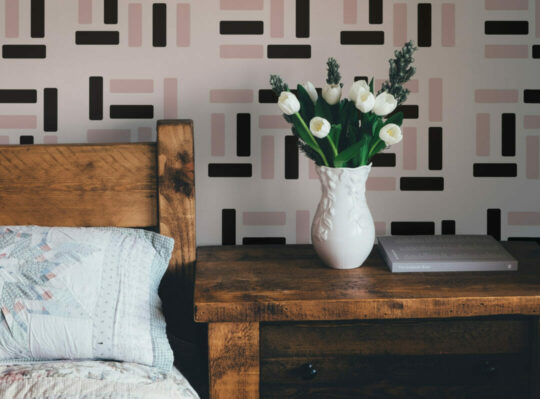 Pink, black and white geometric peel and stick removable wallpaper