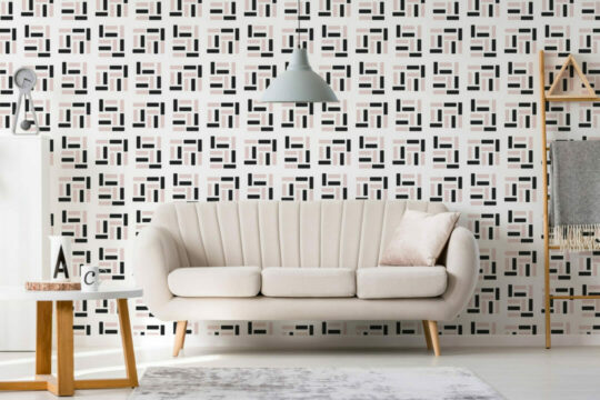 Pink, black and white geometric peel and stick wallpaper