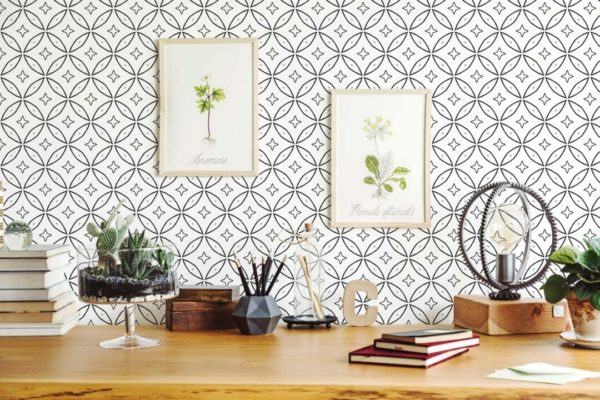 Black and white geometric circle peel and stick wallpaper