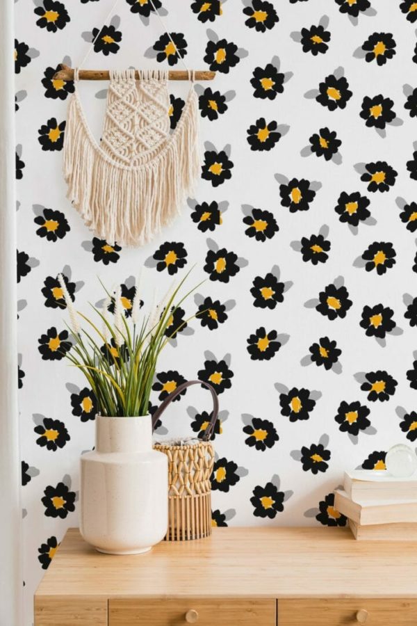 Black daisy peel and stick wallpaper