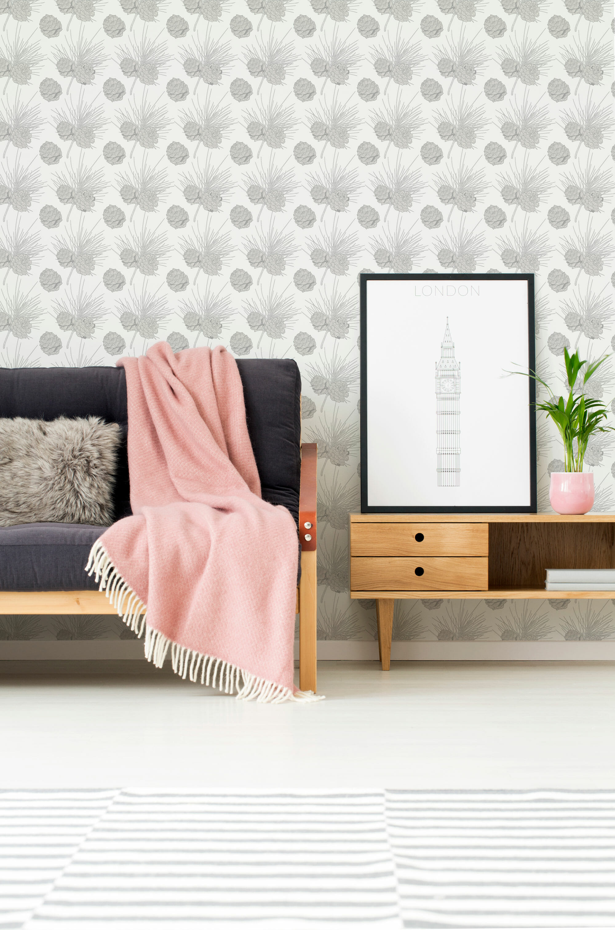 Gray and white pine cone peel and stick wallpaper | Fancy Walls